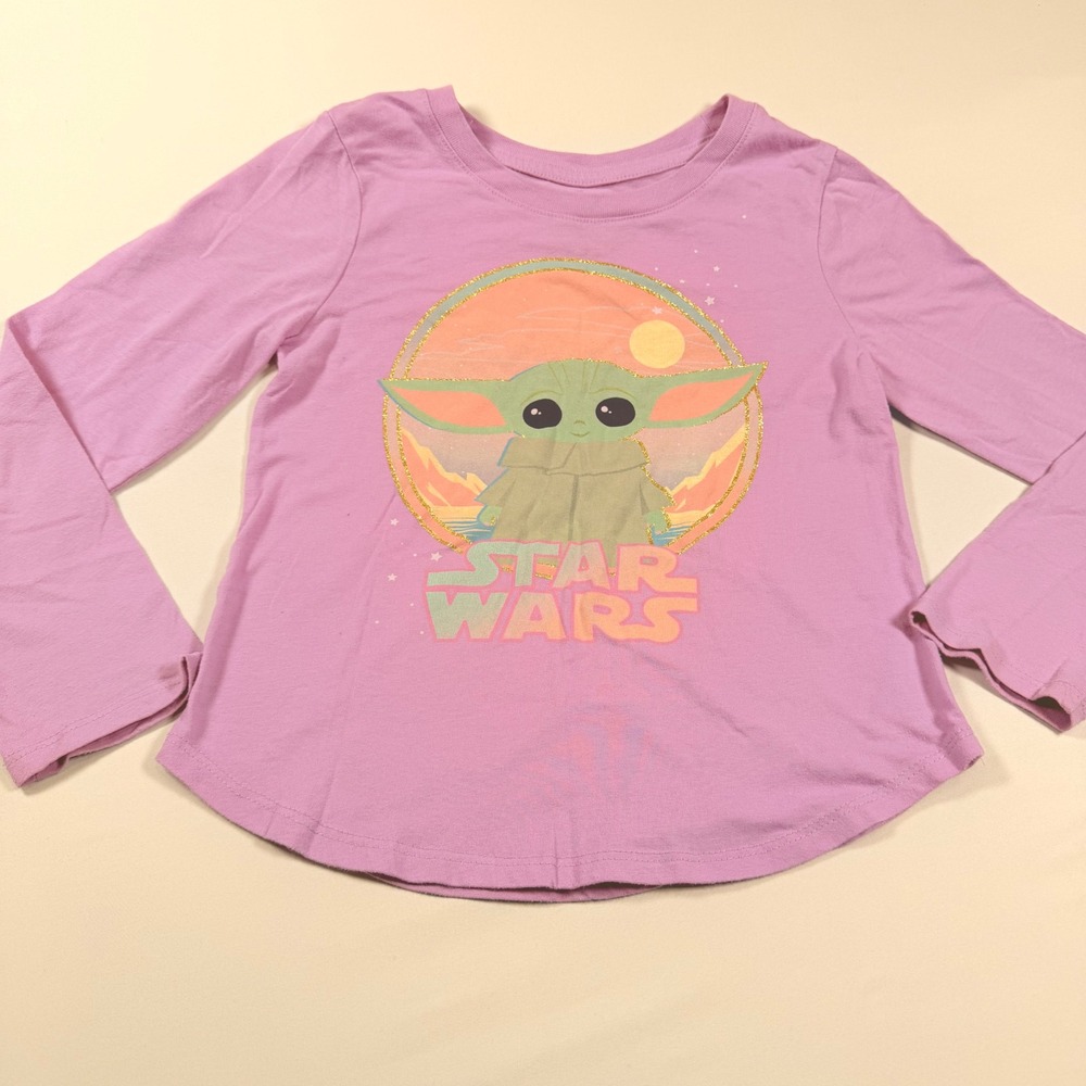 Star Wars Grogu Baby Yoda Shirt Kids Small Pink Long Sleeve Graphic Tee
